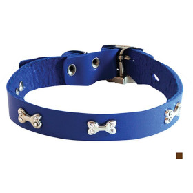Каскад Ошейник кожаный "Флер" с украшением "Косточка со стразами" шир. 20мм, обх. шеи 30-38см, синий