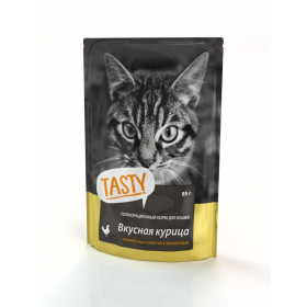 TASTY Консервированный корм для кошек с курицей в желе, пауч, 85 гр