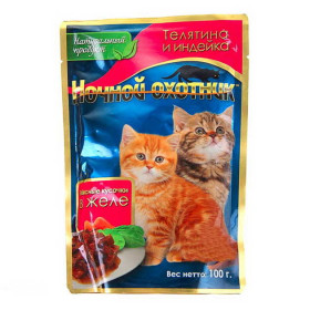 Ночной охотник пауч кусочки мяса в желе телятина, индейка для котят 100 гр.