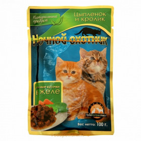 Ночной охотник пауч кусочки мяса в желе цыпленок, кролик для котят 100 гр.